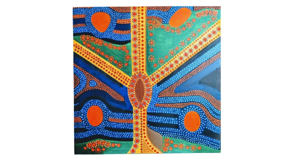 Vintage French Australian Style Acrylicl Dot Painting On Canvas Path Spiritual Bright Colourful Trans Tribal Large c1990's
