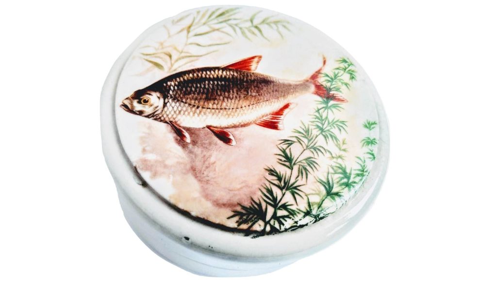 Vintage English Ceramic Storage Pot Fish Dish Box Ring Jewelry Jewellery Trinket Small Storage Container c1990’s