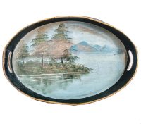 Vintage French Painted Lake Mountain Bird Scene Gold Trimmed Wood Ornately Decorated Small Serving Lap Tray Handled c1960's