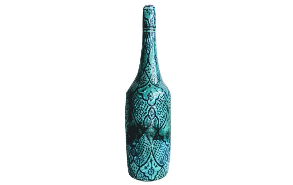Vintage Moroccan Arabian Extra Large Aqua Blue Genie Bottle Vase Storage Ornament Decor Design Terracotta Clay c1960-70’s