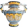 Vintage French Avranches Large Yellow Blue White Ceramic Twin Handled Trophy Vase Urn Pot Bright Decor Design c1970-80's