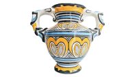 Vintage French Avranches Large Yellow Blue White Ceramic Twin Handled Trophy Vase Urn Pot Bright Decor Design c1970-80's