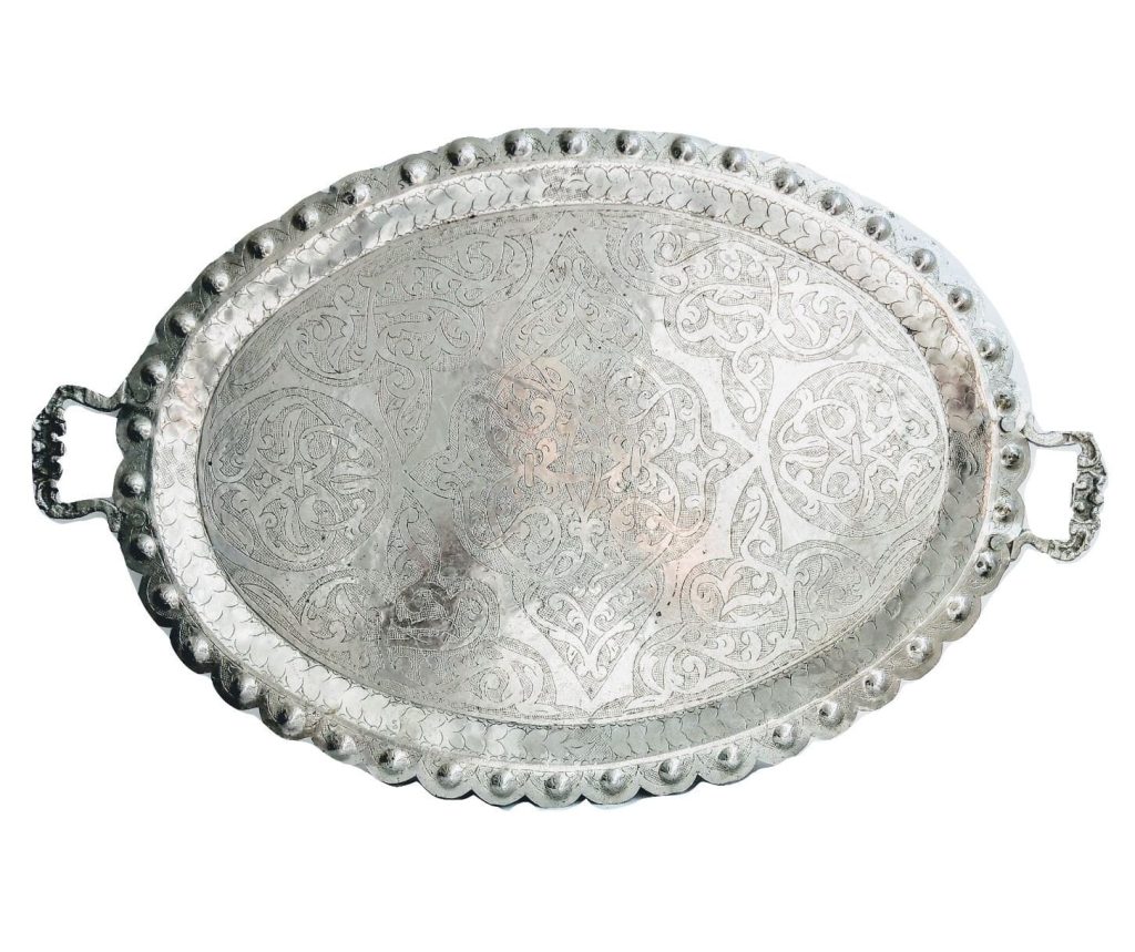 Vintage Turkish Arabian Middle East Large Silver Metal Oval Tray Dish Bowl Platter Plate Decorative Table circa 1960-70’s