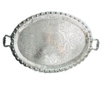 Vintage Turkish Arabian Middle East Large Silver Metal Oval Tray Dish Bowl Platter Plate Decorative Table circa 1960-70's