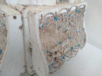 Alternative view of Vintage Moroccan White Blue Wood Metal Song Bird Cage Aviary Collector Keeper Historical Prop Decor Traditional c1960-70's