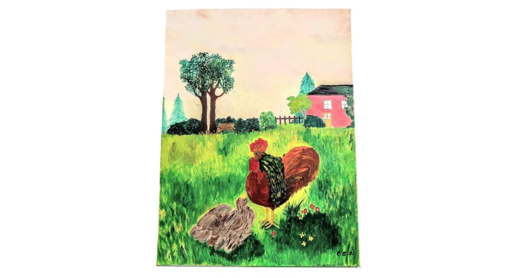 Vintage French Chicken Rooster Cock Colourful Acrylic Paint Painting Art Garden Farm Rural Rustic circa 1990’s