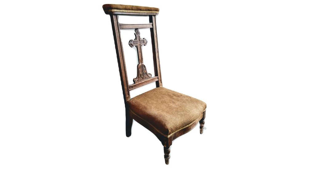 Vintage French Wooden Brown Wood Prayer Praying Kneeling Stool Chair Nursing Childs Seating Kneel Pray Design c1930-40's