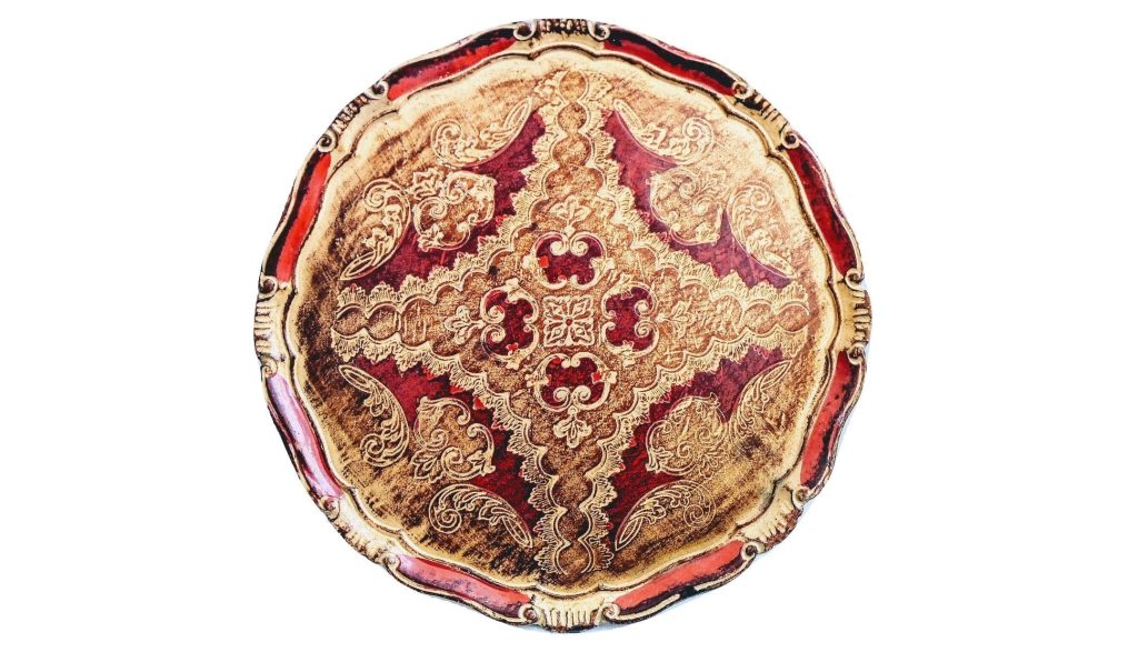 Vintage Italian Florentine Florence Red Gold Wood Ornately Decorated Medium Serving Lap Tray Handled Decoration c1950-60’s