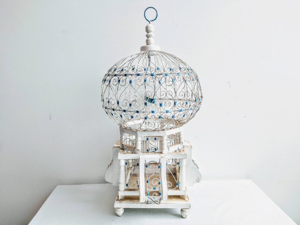 Vintage Moroccan White Blue Wood Metal Song Bird Cage Aviary Collector Keeper Historical Prop Decor Traditional c1960-70’s 2