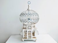 Vintage Moroccan White Blue Wood Metal Song Bird Cage Aviary Collector Keeper Historical Prop Decor Traditional c1960-70's