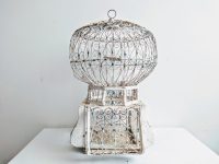 Vintage Moroccan White Blue Wood Metal Song Bird Cage Aviary Collector Keeper Historical Prop Decor Traditional c1960-70's