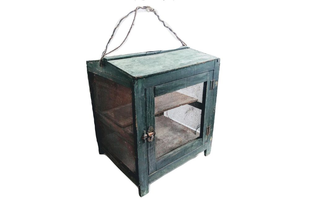 Vintage French Green Wood Hanging Fromagiere Faux Gras Sausage Cupboard Storage Chest Display Cabinet Kitchen c1950-60’s