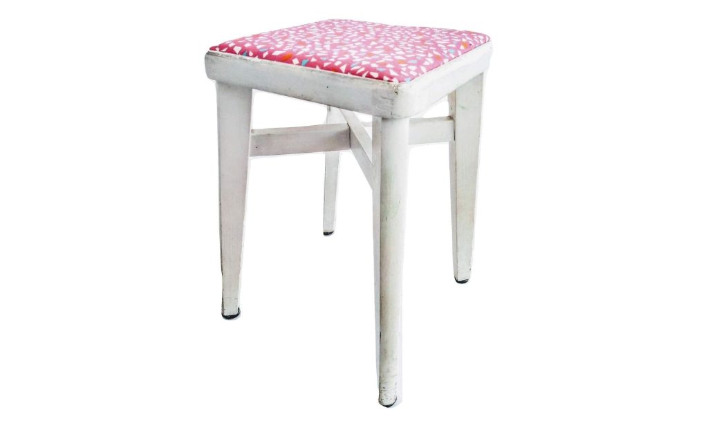 Vintage English Painted White Wood Wooden Refurbished Pink Cover Stool Chair Stand Display Plinth Seating Kitchen c1960-70’s