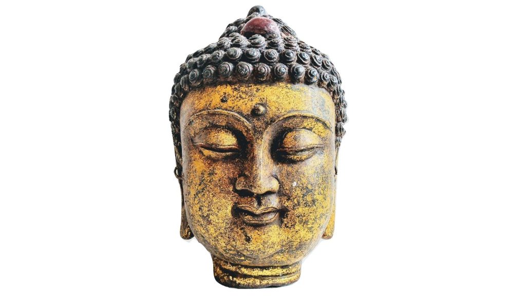 Vintage Chinese Buddha Metal Gold Leaf Cast Iron Temple Buddhism Ornament Decoration Meditation Enlightment circa 1930-50's