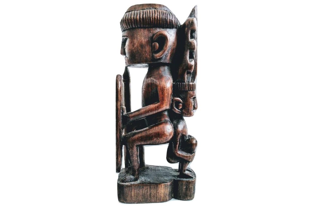 Vintage South American Amazonian Carved Wooden Warrior With Ancestor Shield Spear Statue Figurine Ornament Art c1950-60’s 3