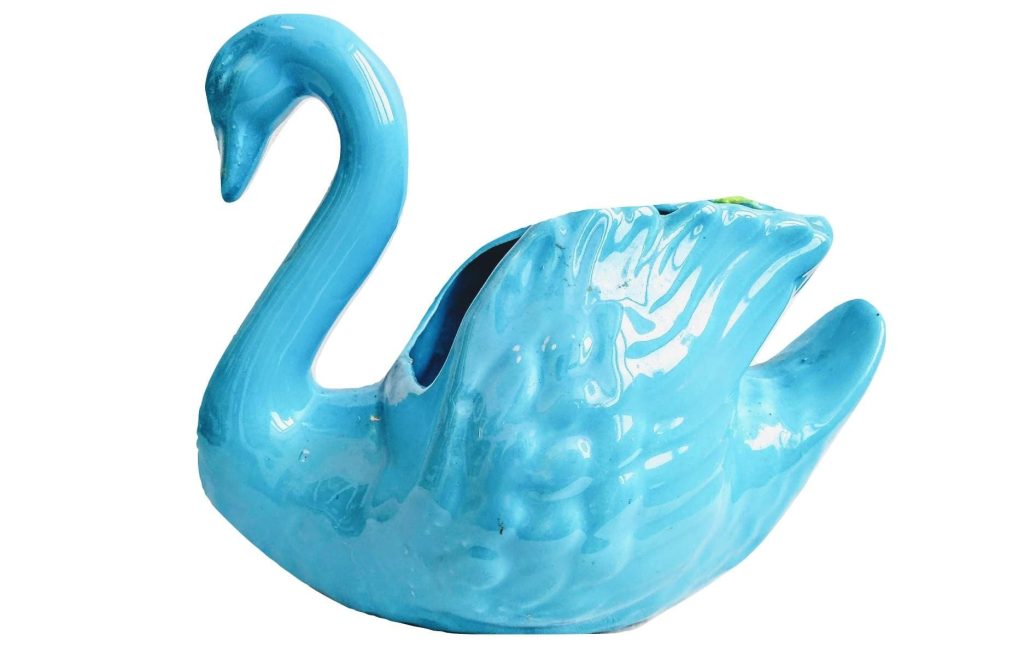 Vintage French Blue Ceramic Swan Shaped Pot Vase Bowl Dish Decorative Display Serving Prop Table DAMAGED circa 1960-70’s