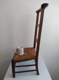 Vintage French Wooden Wicker Brown Wood Woven Raffia Prayer Kneeling Stool Low Small Chair Childs Seating Design c1940-50’s 2