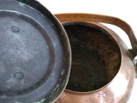 Alternative view of Antique French Large Stove Top Copper Kettle Pot Ornament Decoration Prop Tarnish Patina Bashes Dents circa 1850's