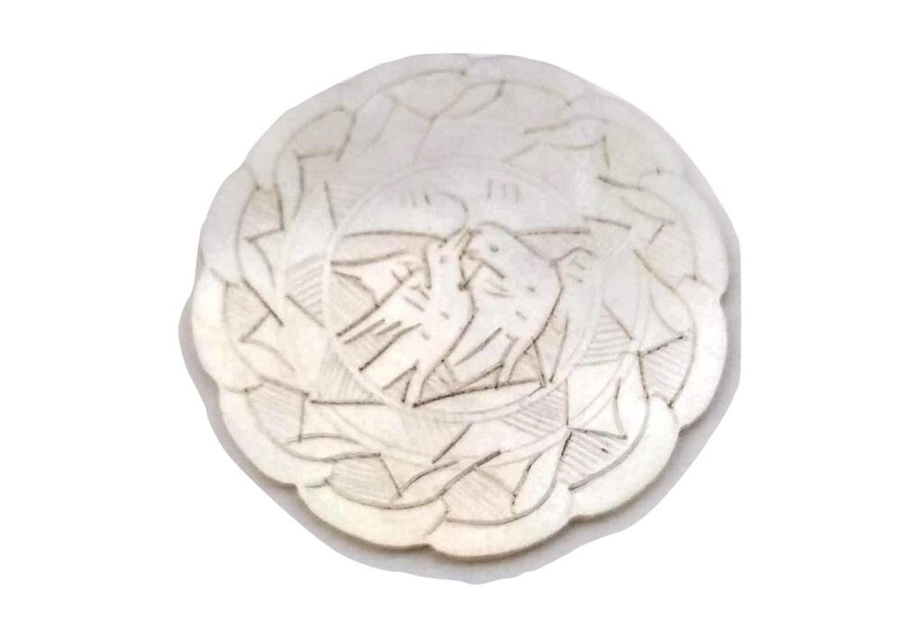 Antique Chinese Mother Of Pearl Love Dove Couple Round Circular Gaming Chip Counter Ornately Engraved Marker c1850s