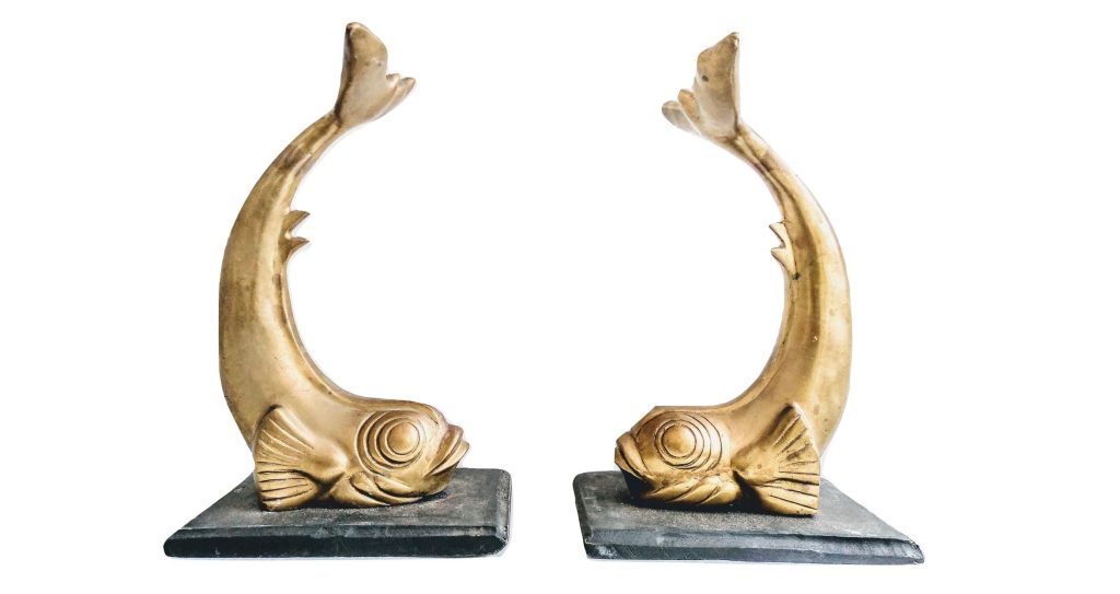 Vintage French Large Decorative Mantlepiece Centrepiece Brass Koi Carp On Stand Decorative Display Showcase Prop c1920-40’s 2