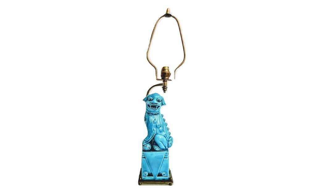 Vintage Chinese Turquoise Blue Brass Ceramic Foo Dog Dogs Asian Electric Lamp Light Desktop Bedside circa 1960-70’s