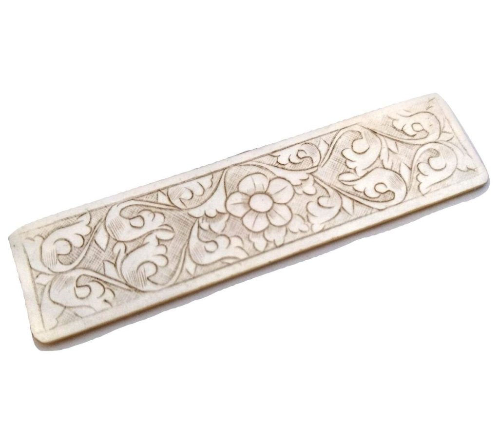 Antique Chinese Mother Of Pearl Lotus Flower Long Rectangular Decor Gaming Chip Counter Ornately Engraved Marker c1850s 3