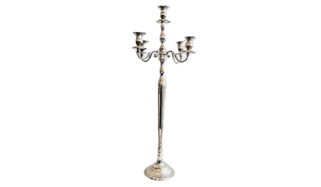Vintage French Large Silver Metal Candlestick Candle Holder Stand Centrepiece Lantern Lamp Wedding Decor Design c1970-80’s