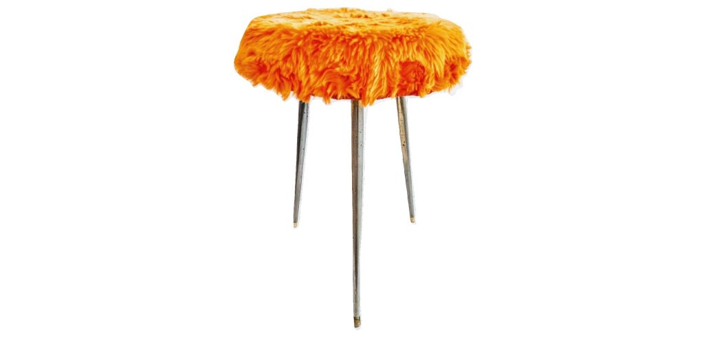 Vintage French Silver Metal Padded Cushioned Fluffy Orange Stool Chair Stand Display Rest Plinth Seating c1960-70’s 2