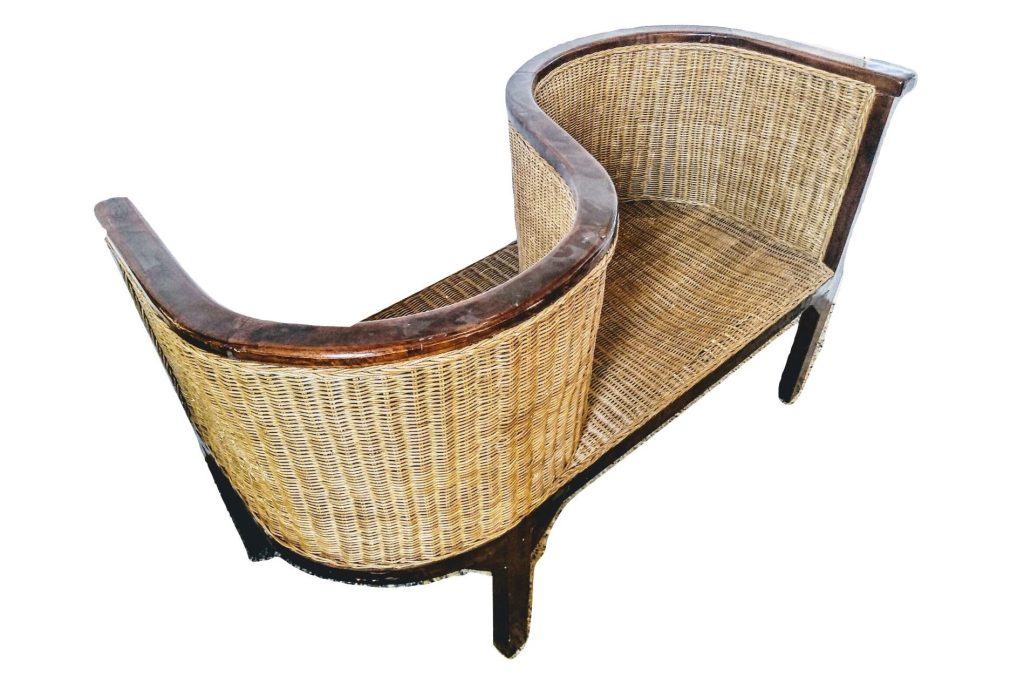 Vintage French Wooden Wicker Woven Wood Wicker Double Lovers Loving Kissing Conversation Chair Seating Design c1970-80’s