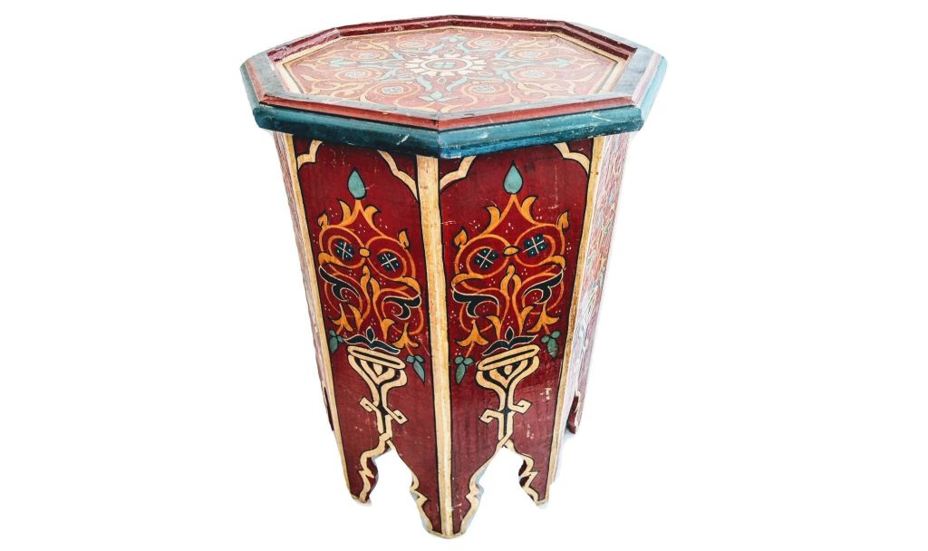 Vintage Indian Hexaganal Wooden Wood Decorated Painted Small Side Tea Table Stand Display Rest Plinth Prop c1960-70’s