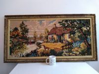 Alternative view of Vintage French large cross stitch tapestry cottage lake river boat dog rustic rural scene circa 1940-50's