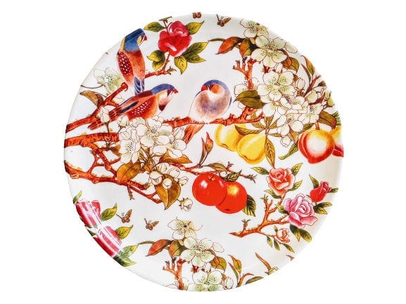 Vintage French Bird Finch Tit Fruit Colourful Large Round Plastic Lap Dinner Serving Tray Platter Display circa 1990’s