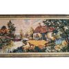 Vintage French large cross stitch tapestry cottage lake river boat dog rustic rural scene circa 1940-50's