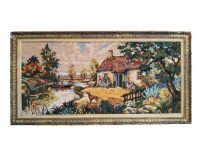 Vintage French large cross stitch tapestry cottage lake river boat dog rustic rural scene circa 1940-50's