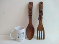 Alternative view of Vintage Philipino Carved Wood Wooden Giant Large Decorative Spoon And Fork Cutlery Wall Kitchen Decor Display c1970-80's