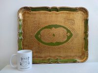 Alternative view of Vintage Italian Florentine Florence Gold Green Wood Ornately Decorated Large Serving Lap Tray Handled Decoration c1970-80's
