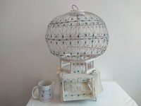 Alternative view of Vintage Moroccan White Blue Wood Metal Song Bird Cage Aviary Collector Keeper Historical Prop Decor Traditional c1960-70's