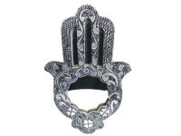 Vintage Moroccan Wall Hanging Hand Of Fatima Mirror Silver Metal Glass One-Off Hand Made Decorative Cloakroom c1980-90's