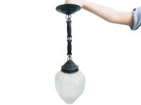 Vintage French Black Metal Milky Glass Hanging Chandelier Pendant Lamp Electric Light Lantern Hanging c1950-60's