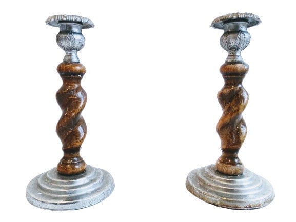 Vintage English Barley Twist Wood Silver Coloured Metal Candlestick Candle Stick Candelabra Candles Light Candle c1960-70’s