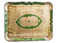 Vintage Italian Florentine Florence Gold Green Wood Ornately Decorated Large Serving Lap Tray Handled Decoration c1970-80's