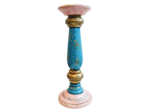 Vintage Indian Hand Painted Pink Blue Gold Wood Wooden Candlestick Candle Stick Light Lamp Stand Plinth Support c1990’s