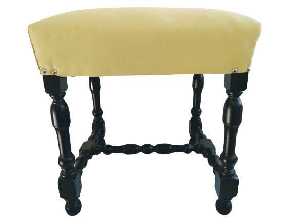 Vintage French Large Wooden Black Yellow Refurbished Padded Cushioned Stool Footrest Foot Rest Wood Rest c1940-50’s