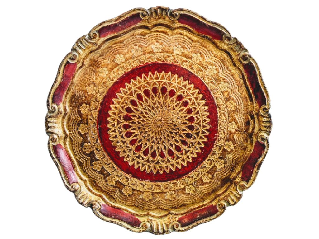 Vintage Italian Florentine Florence Gold Red Wood Ornately Decorated Small Serving Lap Tray Handled Decoration c1960-70’s