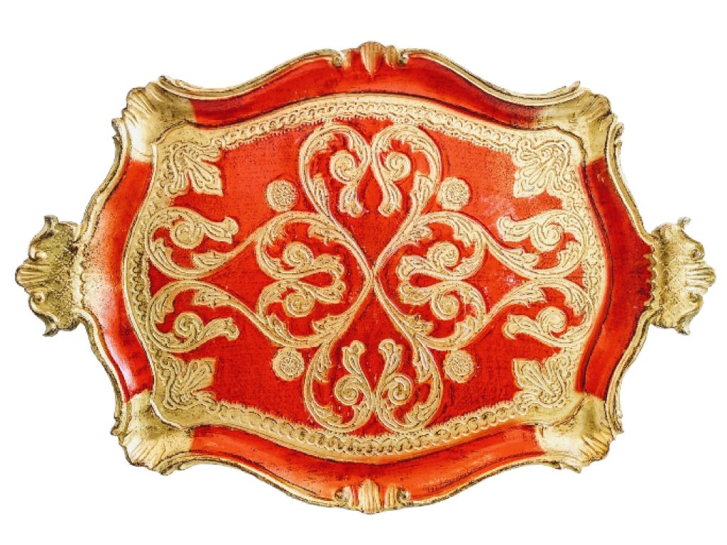 Vintage Italian Florentine Florence Gold Red Resin Ornately Decorated Small Serving Lap Tray Handled Decoration c1980-90’s