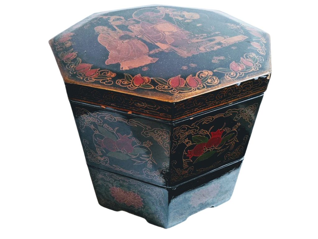 Vintage Asian Chinese Lacquer Octagonal Two Layer Large Storage Box Dish Bowl Platter Decorative Table circa 1960-70’s