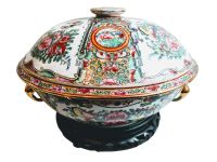 Vintage Chinese Rose Medallion Ceramic Lidded Tureen Serving Fruit Large Plate Bowl Dish Table On Wooden Stand c1920-1930's