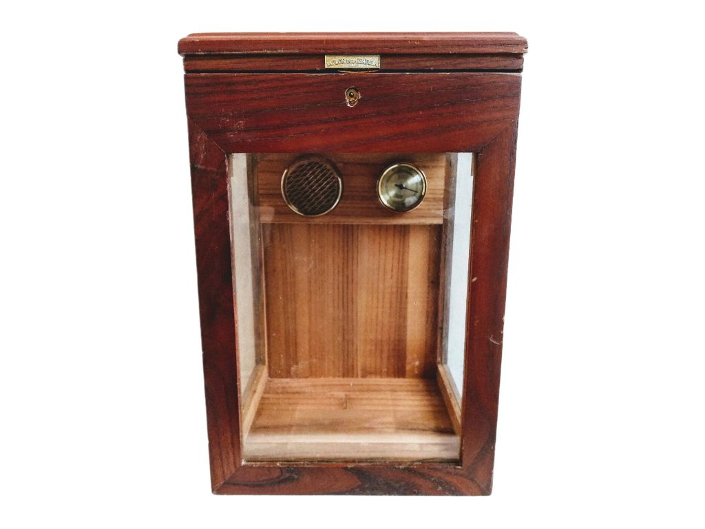 Vintage French La Flor Del A Isabela Wooden Glass Commercial Cigar Humidor Hygrometer Storage Box Tobacciana c1970-80’s