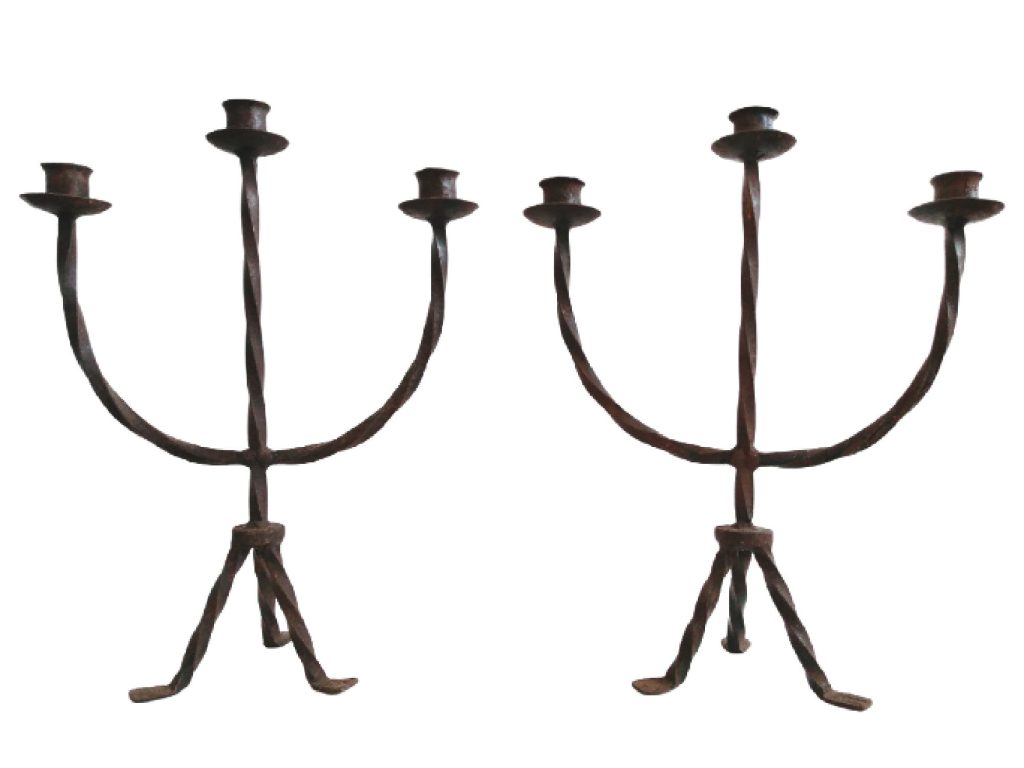 Vintage French Twisted Iron Rusty Metal Standing Gothic Large Candle Candlestick Stick Pedestal Ornament Stand Decor c1960’s