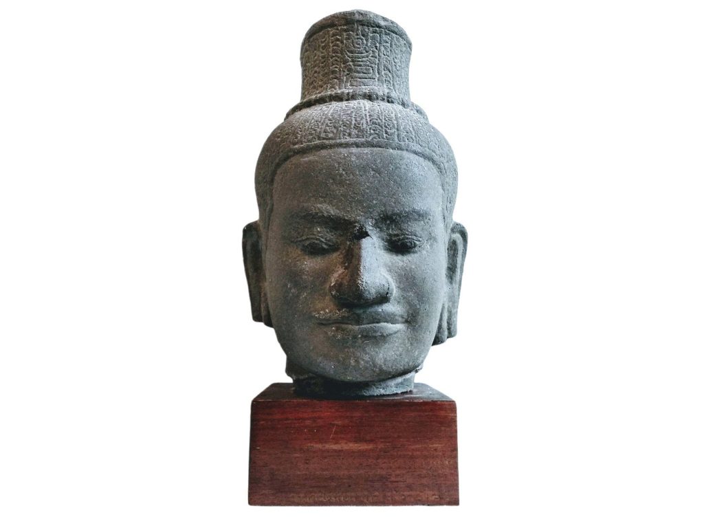 Vintage South East Asian Cambodian Decorative Reproduction Bust Concrete Stone Decor Sculpture On Wood Base Art c1980-90’s